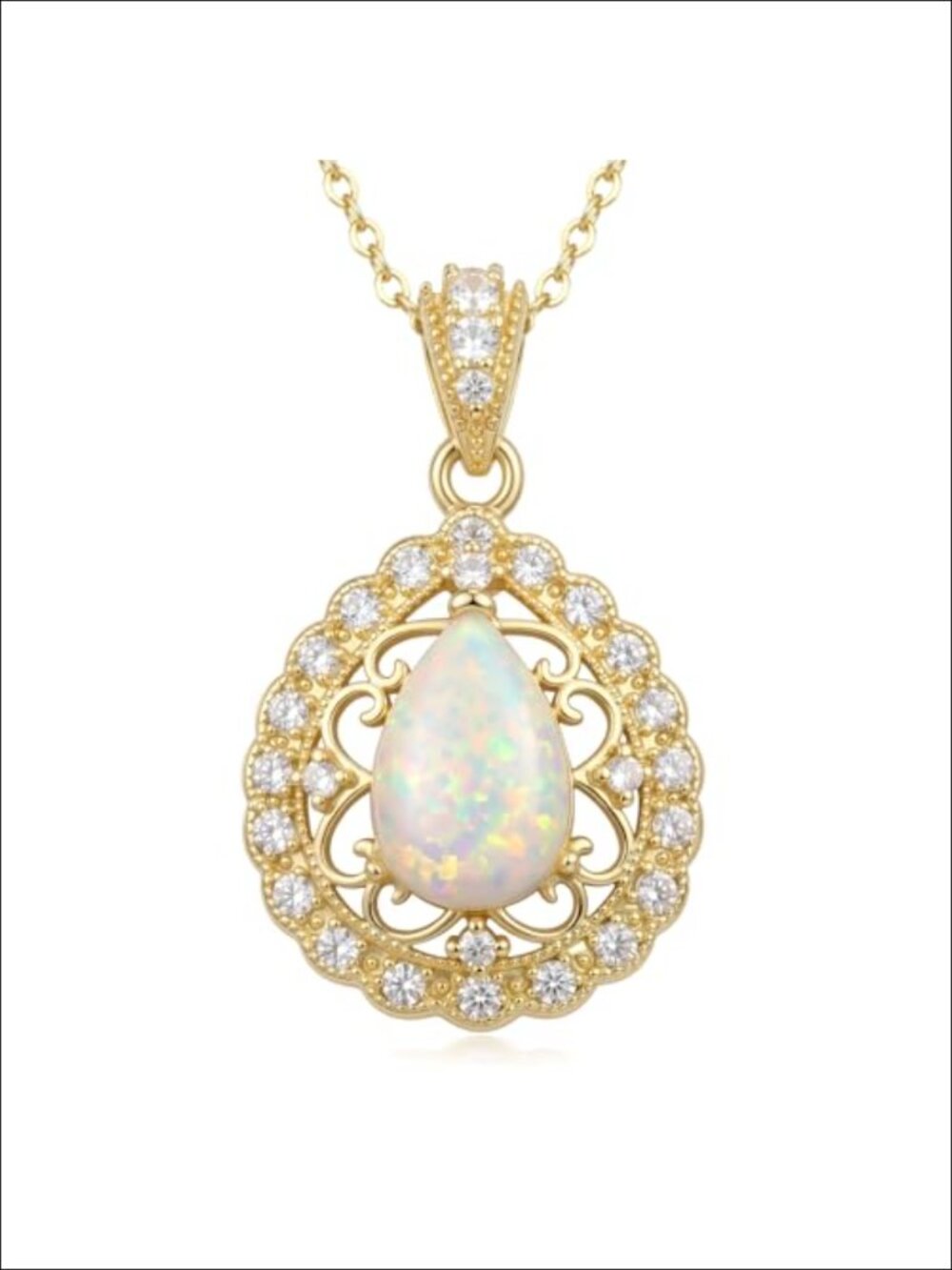 14K Gold Plated Vintage Opal Teardrop Filigree Pendant Necklace